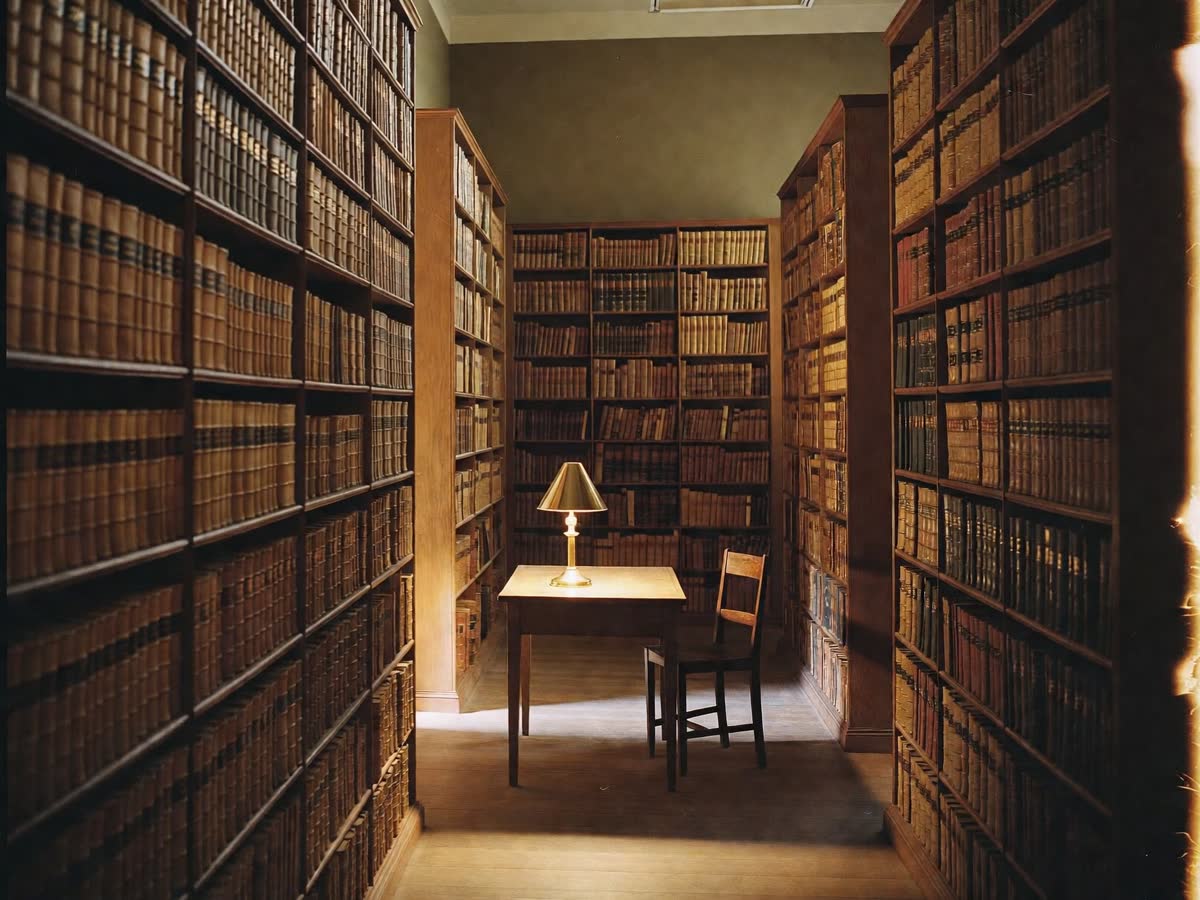 Quiet institutional archive, oak shelves and a single reading lamp.