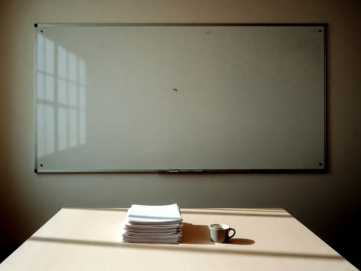 Empty corporate strategy room after a meeting, paper stacked on a pale table.