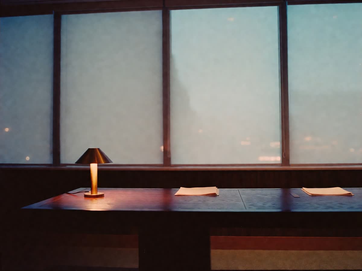 Empty private equity boardroom at dusk, a long table and a single lamp.